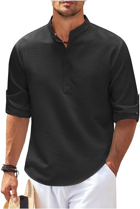 Men's lightweight cotton band collar shirt relaxed fit breathable casual everyday wear mandarin collar