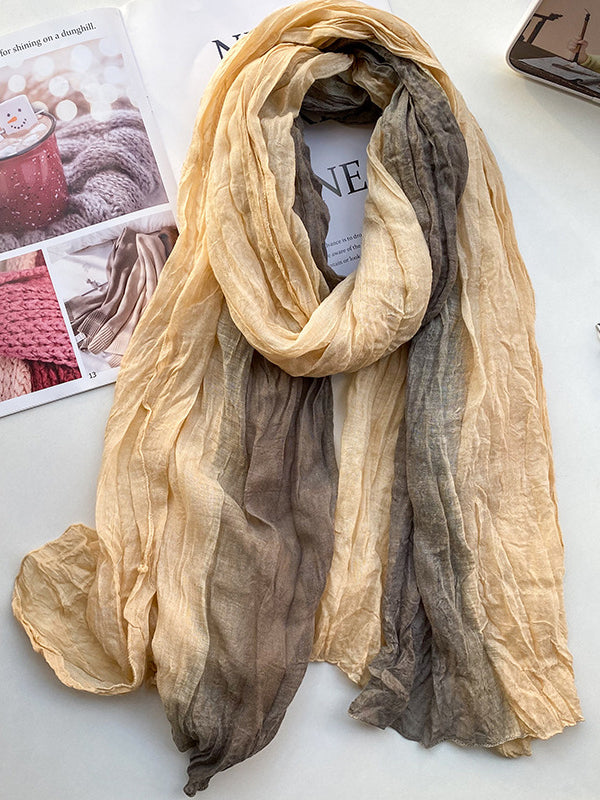 Boho chic tie-dye gradient scarf earthy tones long pleated cotton linen oversized vintage wrap