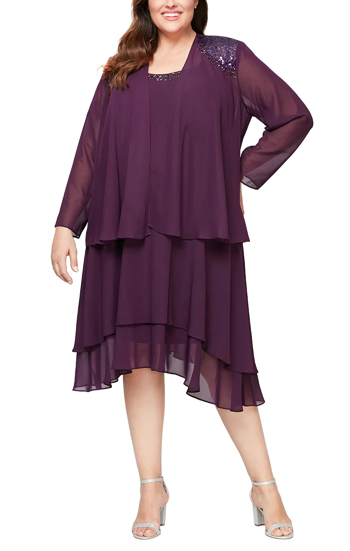 Plus size high-low chiffon jacket dress with beaded neckline, elegant two-piece formal set