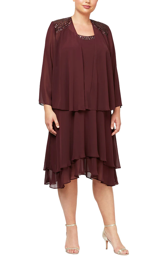 Plus size high-low chiffon jacket dress with beaded neckline, elegant two-piece formal gown