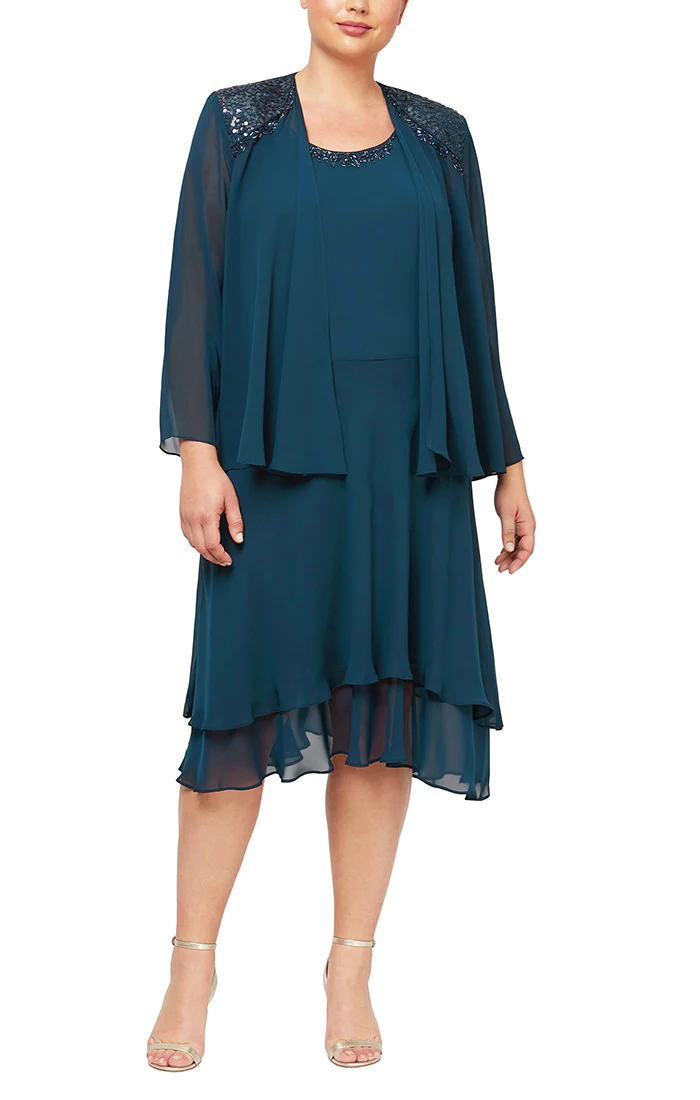 Plus size high-low chiffon jacket dress with beaded neckline, elegant two-piece formal set