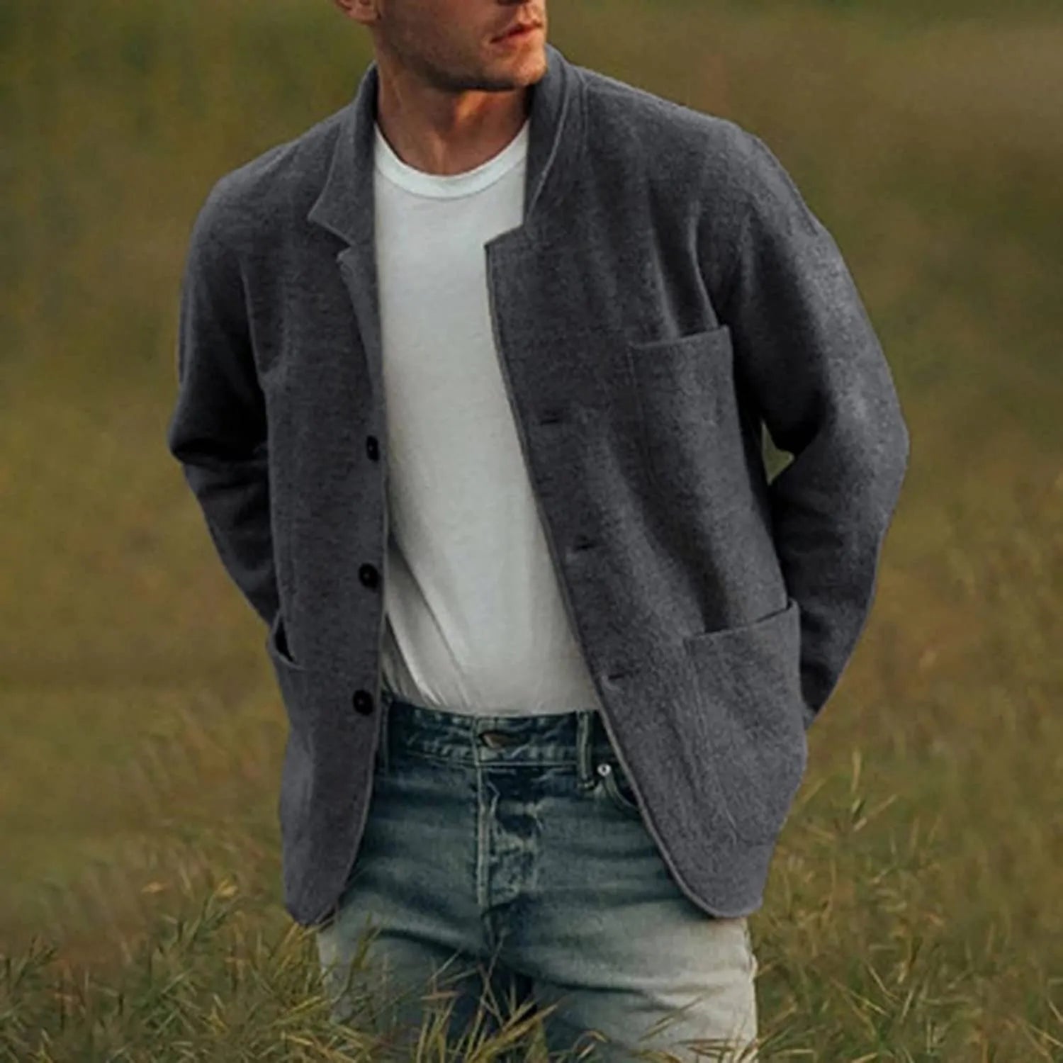 Men's casual relaxed fit blazer with button closure and functional pockets for office and events