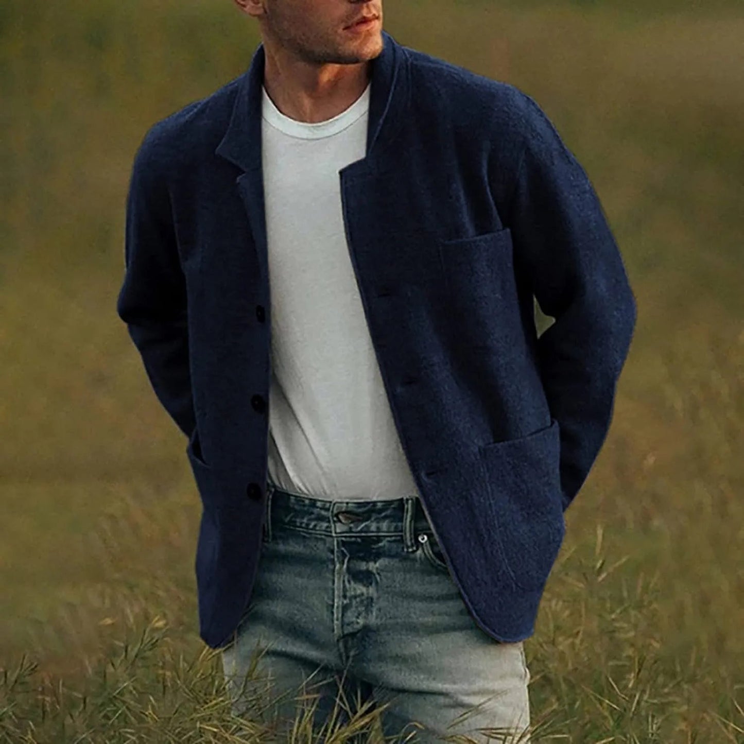 Men's casual relaxed fit blazer with button closure and functional pockets for office and events