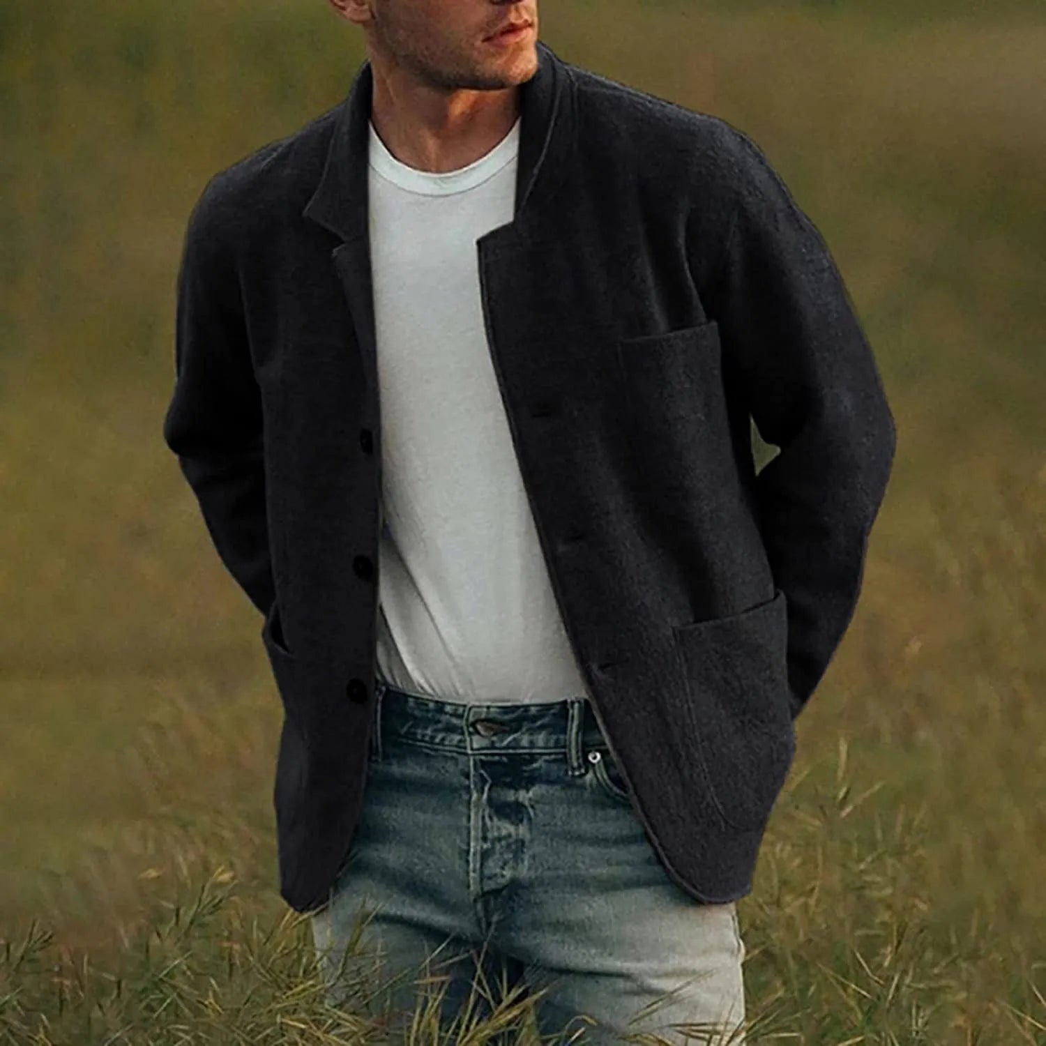 Men's casual relaxed fit blazer with button closure and functional pockets for office and event wear