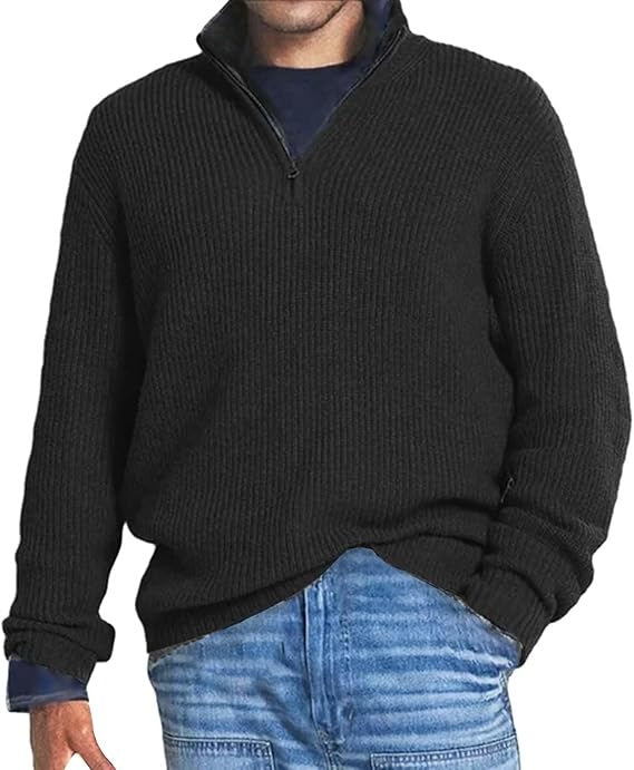 Men's ribbed half-zip jumper long sleeves loose fit versatile knit layering top