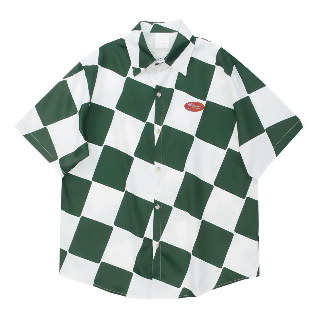 Men's red checkered short sleeve relaxed fit shirt vintage Americana retro print breathable polyester