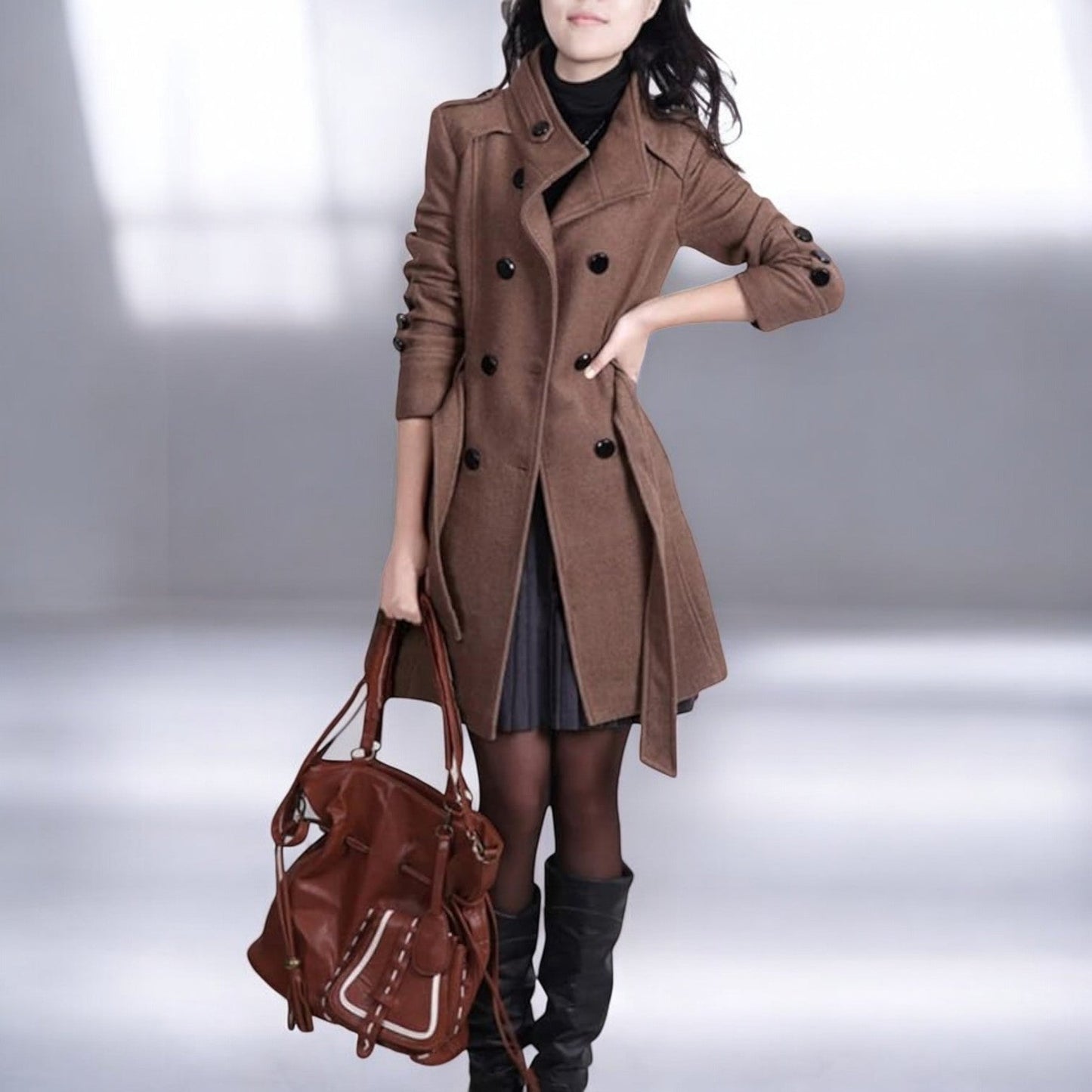 Women's structured winter coat with tie belt, double button placket, warm fitted silhouette for cold weather