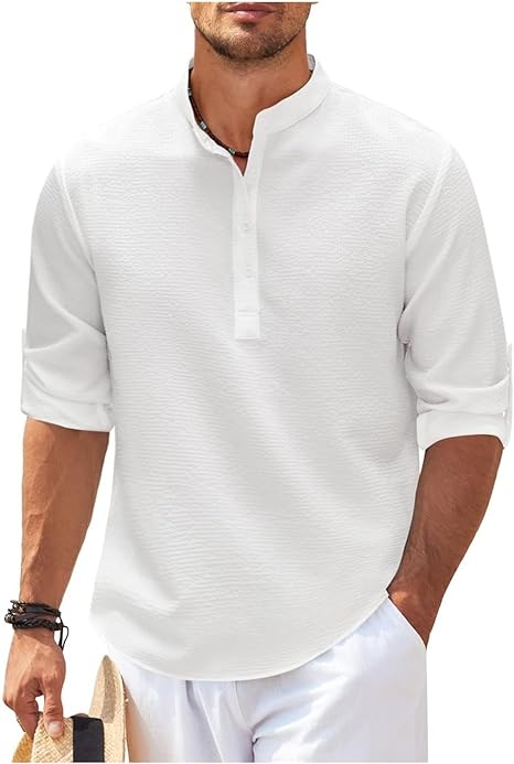 Men's lightweight cotton band collar shirt relaxed fit breathable casual everyday wear mandarin collar
