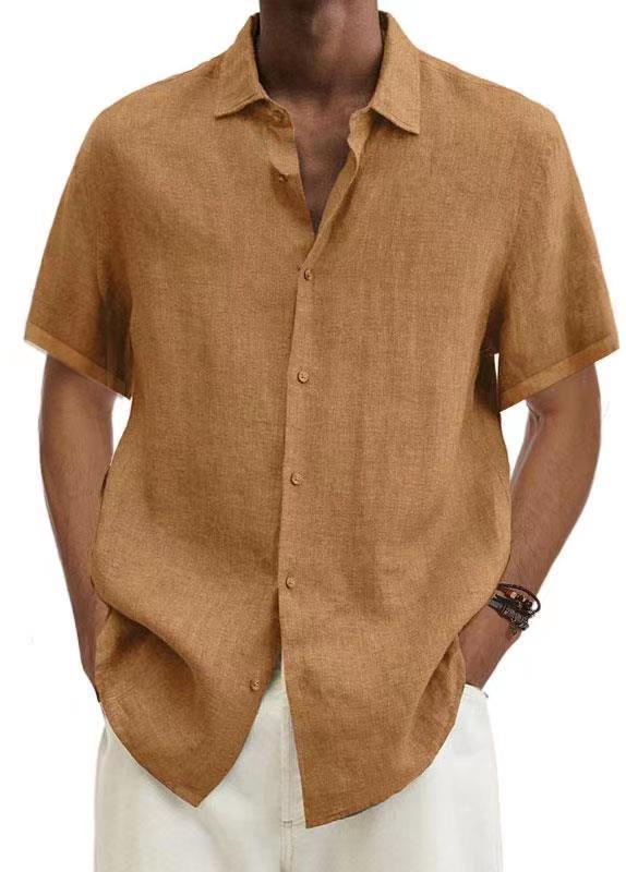 Men's solid color cotton V-neck shirt with Japanese-inspired minimalist design for modern style