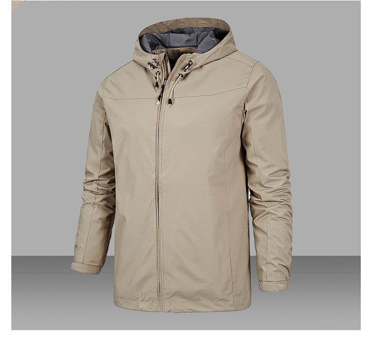 Men's lightweight waterproof polyester jacket with adjustable hood, windproof modern cut for all-weather