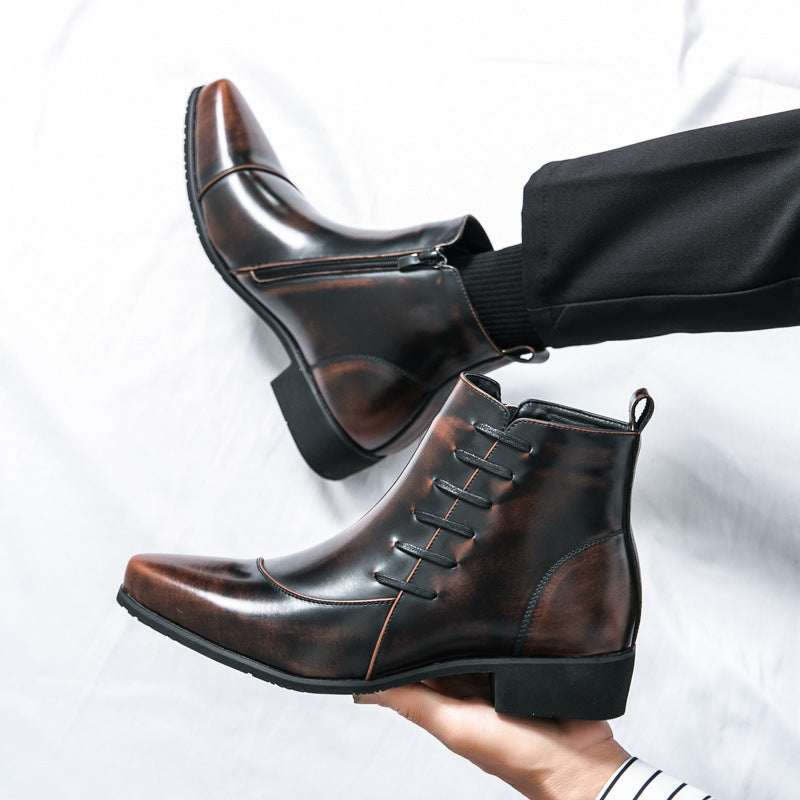 Men's black faux leather Martin ankle boots, elegant British style with side zipper and durable rubber sole
