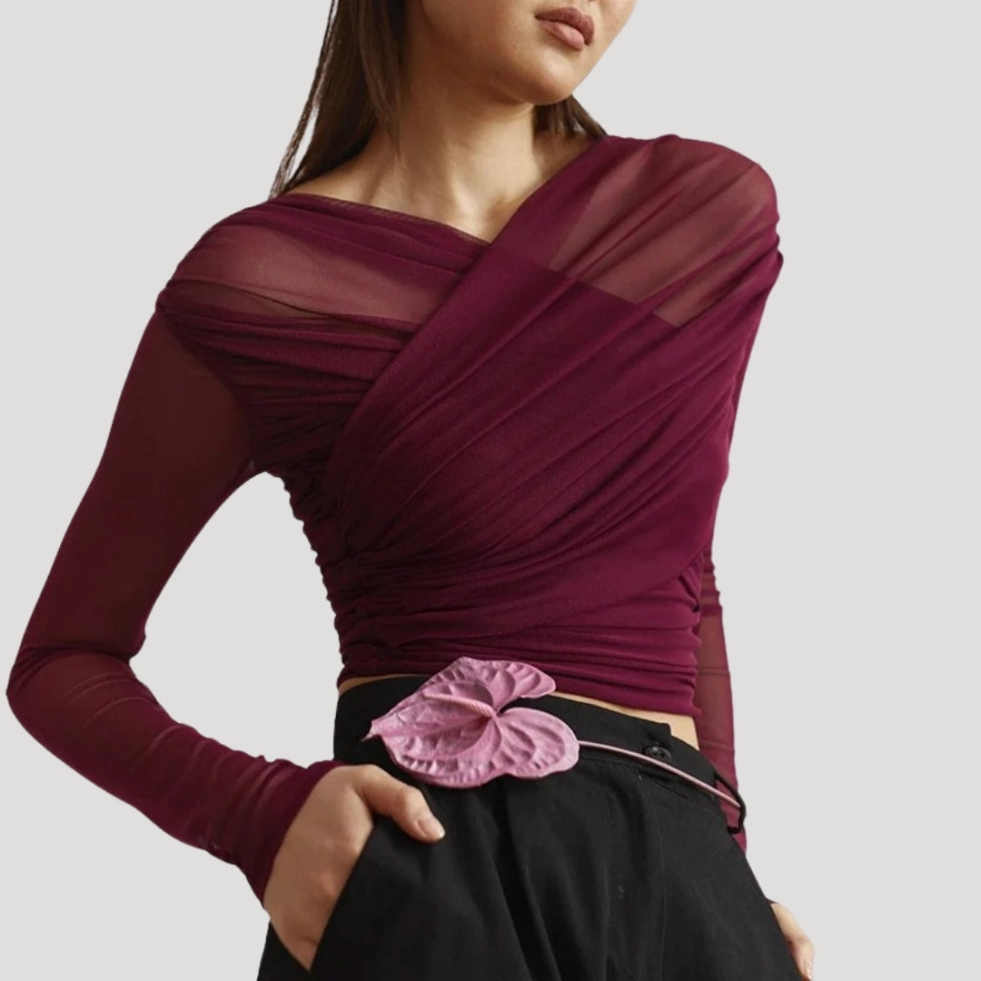 Women's sheer wrap long-sleeve top, lightweight elegant silhouette with flattering wrapped front detail