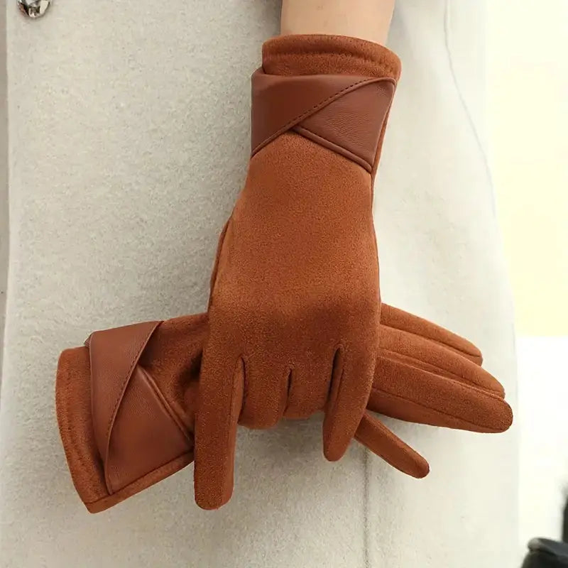 Women's black velvet winter gloves with touchscreen-compatible fleece lining and elegant elastic fit