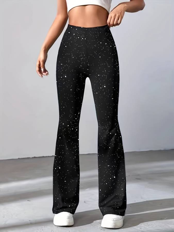 Women's silver glitter flared pants with shimmering sparkle fabric and wide-leg statement silhouette