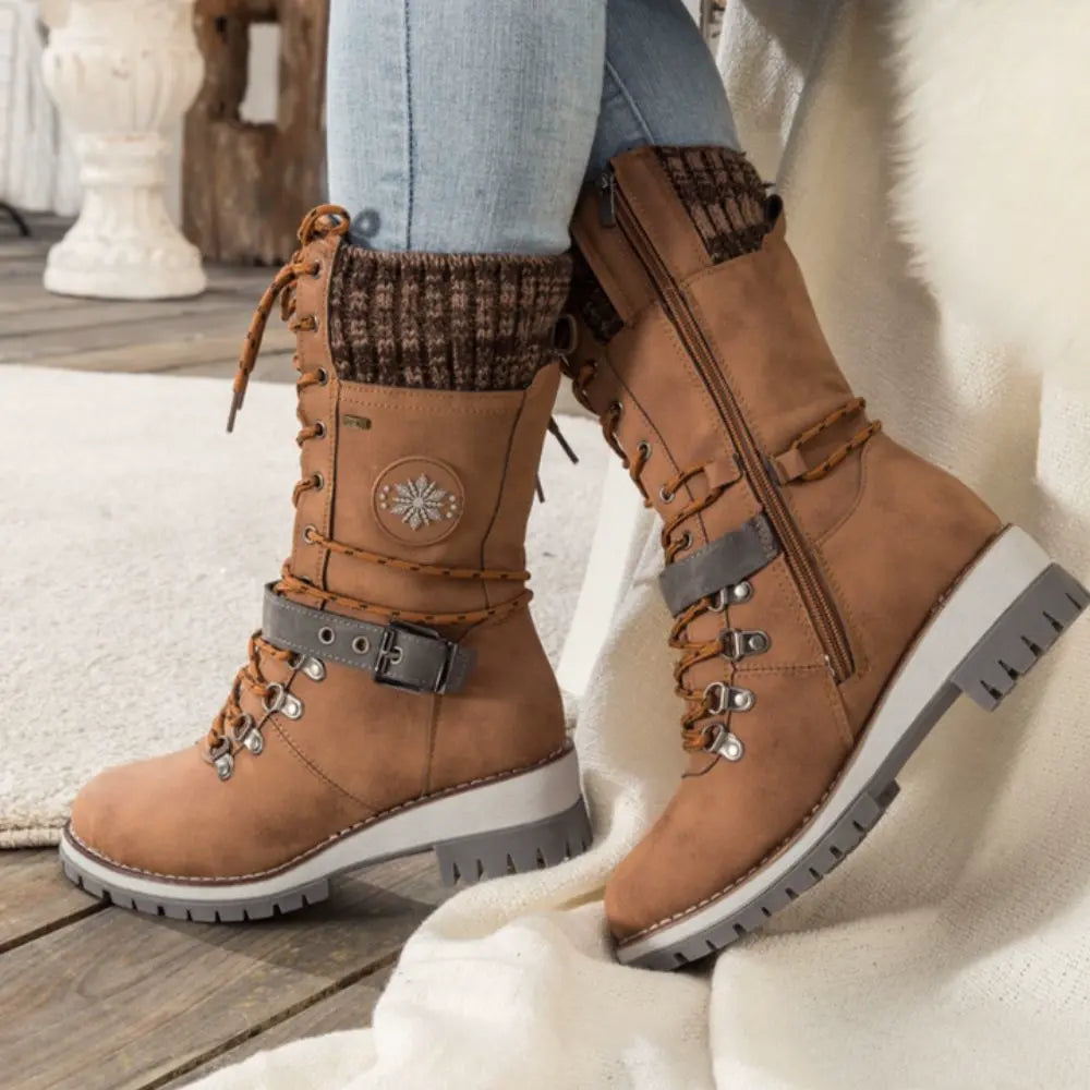 Women's black leather lace-up winter boots with non-slip sole, ankle-height urban style
