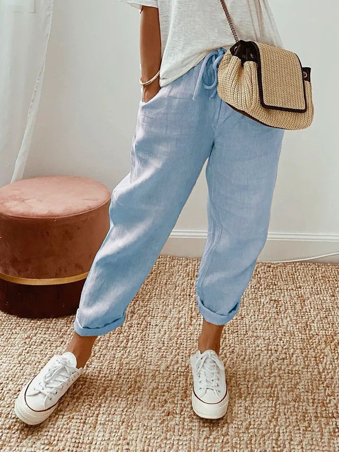 Casual cotton blend drawstring pants solid color ankle-length with insert pockets for everyday comfort