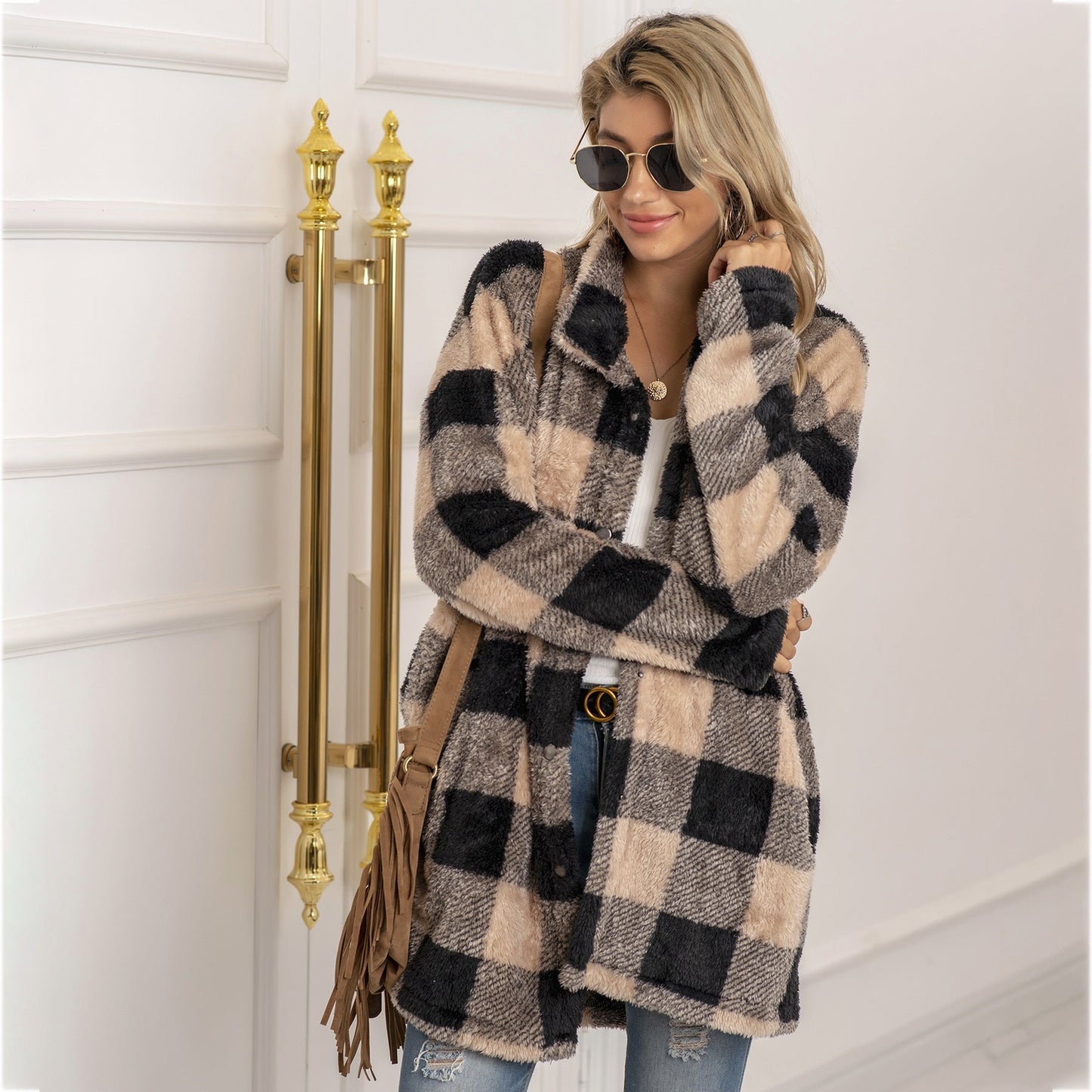 Women's longline colorblock plaid fleece coat cozy warm winter essential bold pattern
