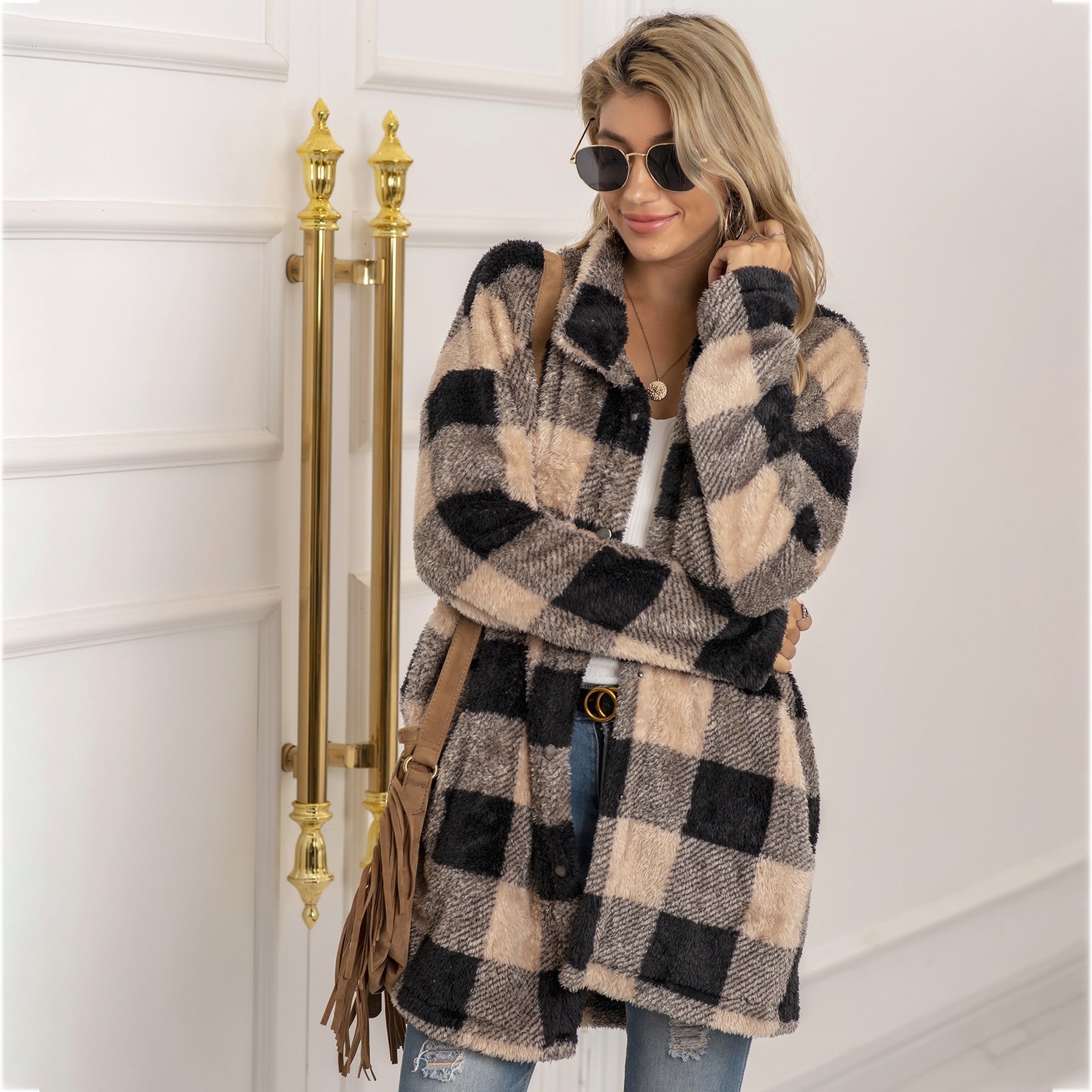 Women's longline colorblock plaid fleece coat cozy warm winter essential bold pattern