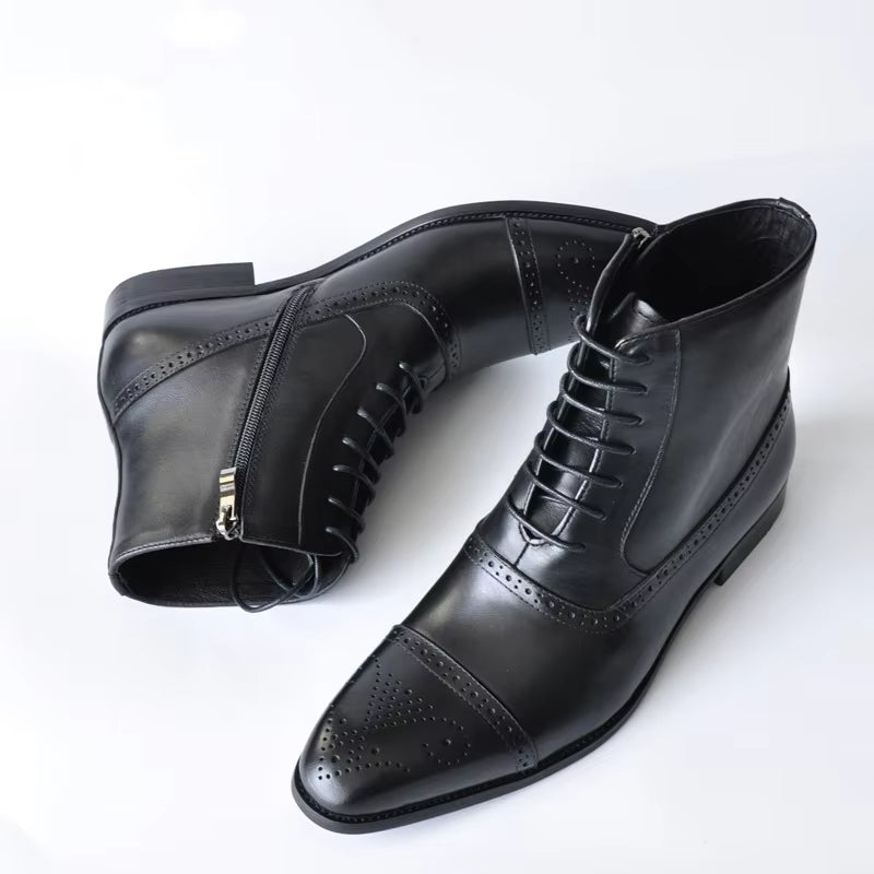 Men's brown full-grain leather brogue dress boots with cap toe and hand-finished detailing