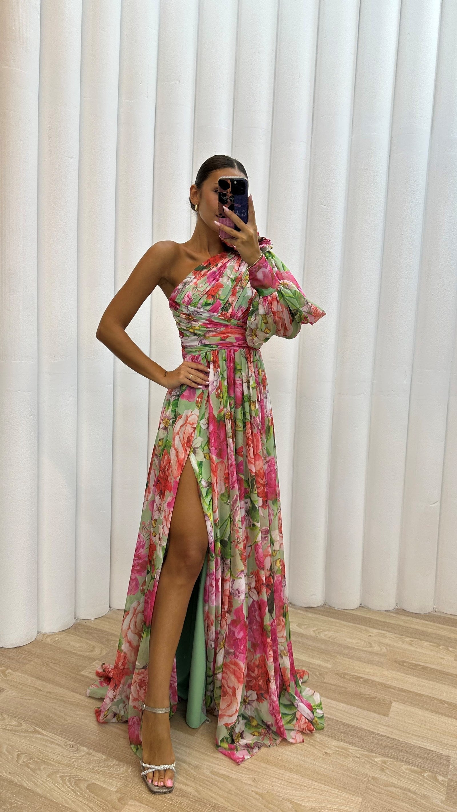 Women's elegant one-shoulder floral maxi dress with thigh-high split, perfect for weddings and events
