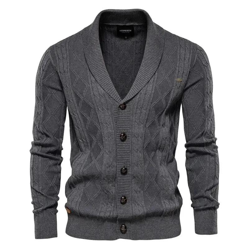 Heather gray shawl collar cardigan soft diamond knit pattern classic heritage professional everyday wear