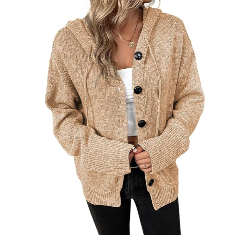 Dana women's beige soft knit hooded cardigan cozy winter layer with relaxed fit and warm insulation