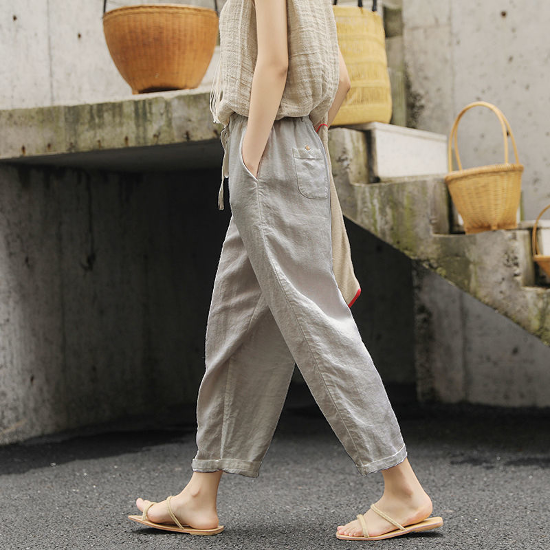 Women's beige cotton linen loose casual pants with lace-up waist tie and side pockets