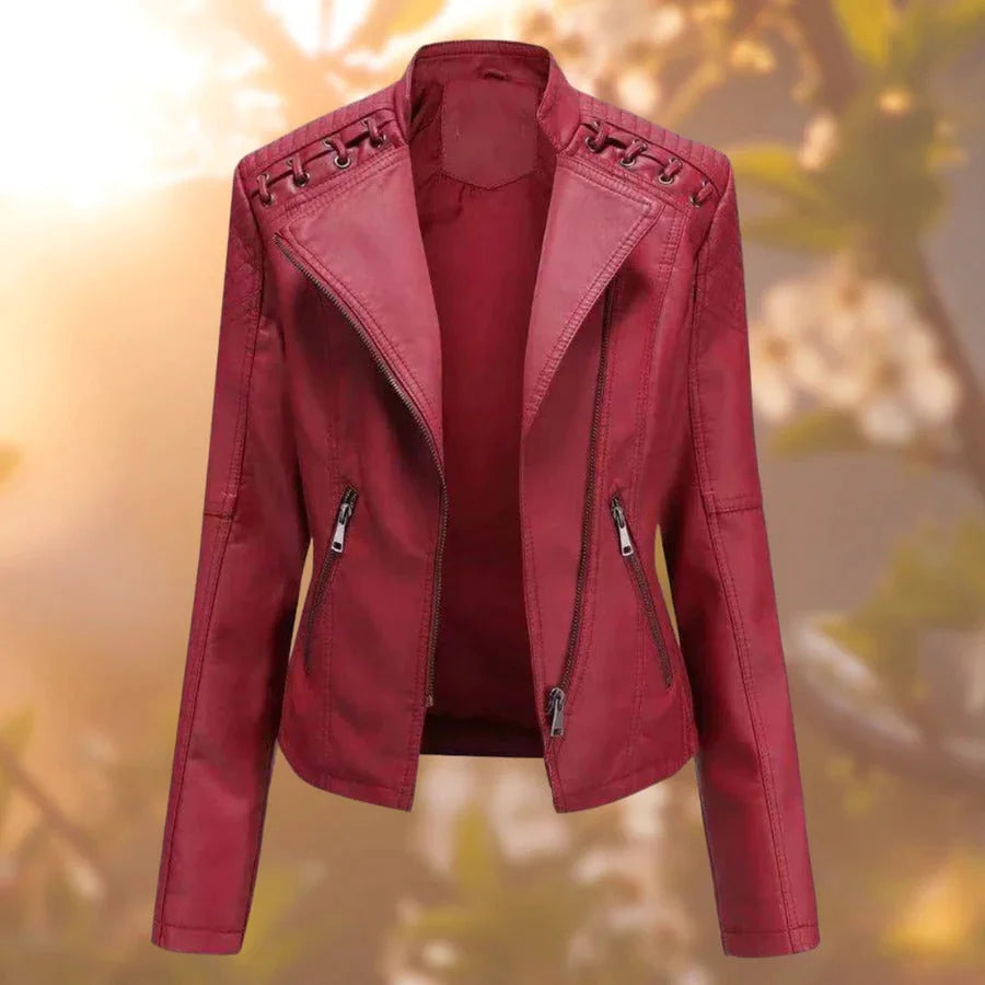Women's black fitted perfecto jacket with timeless chic silhouette, all-season wardrobe essential