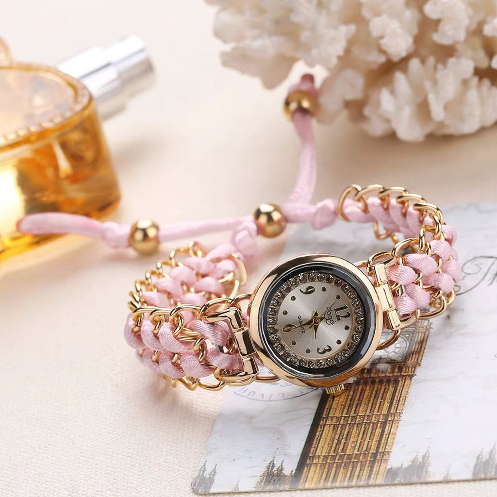 Athena women's gold bezel quartz watch crystal-studded dial with braided adjustable cord band