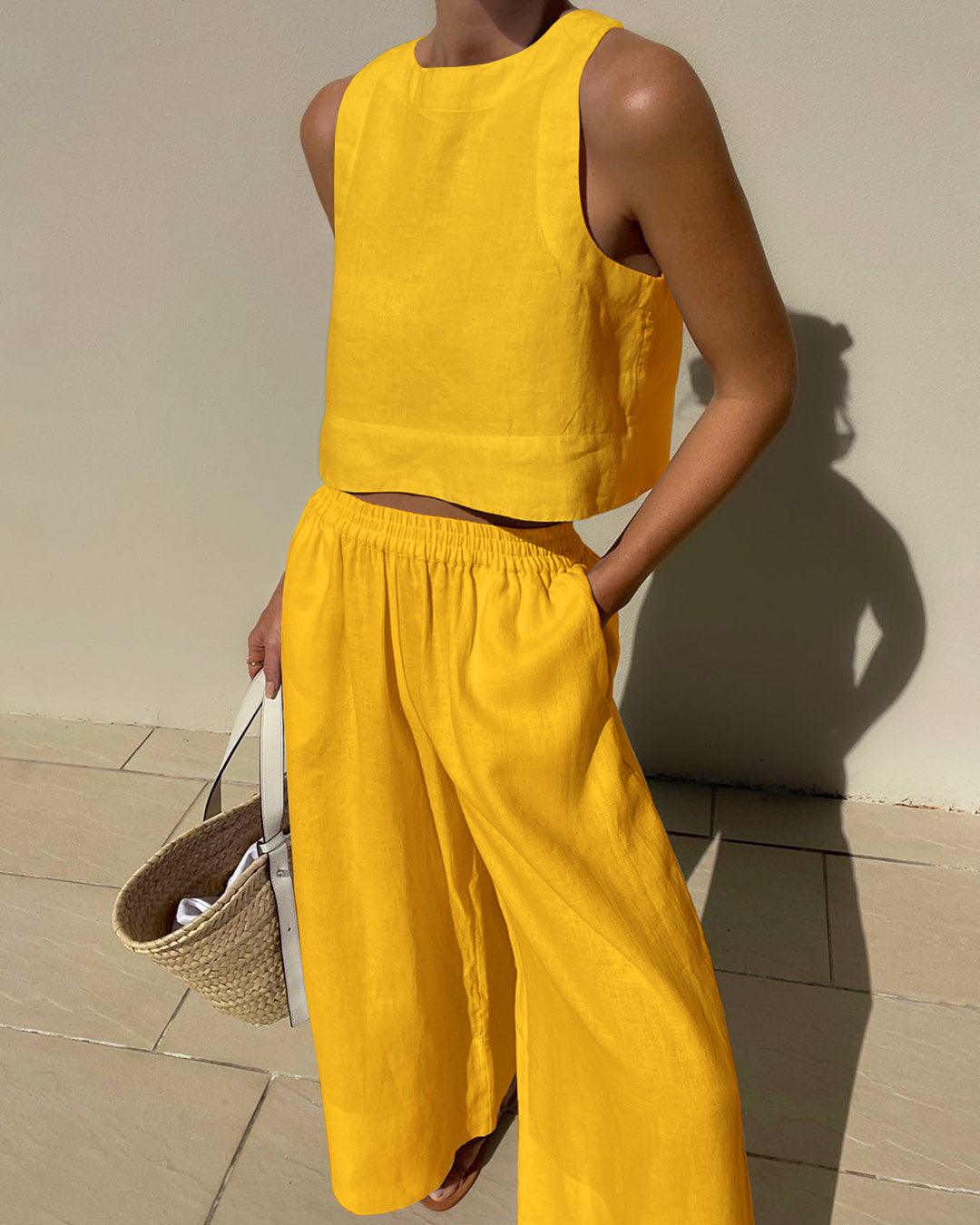 Women breathable cotton sleeveless two-piece set solid color chic casual outfit spring summer