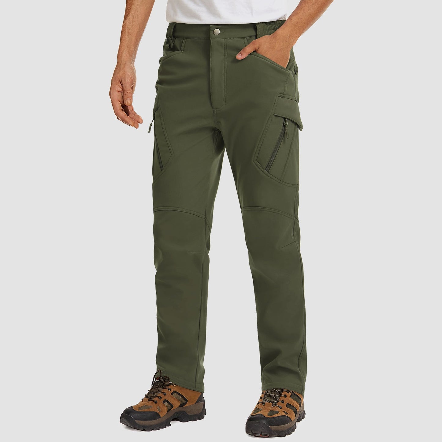 Men's fleece-lined ripstop tactical pants with 9 pockets, water-repellent outdoor cargo style