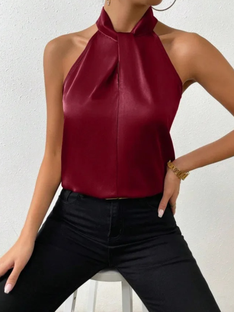Women's satin backless camisole top, silky shiny finish, elegant flirty neckline, sleeveless summer style