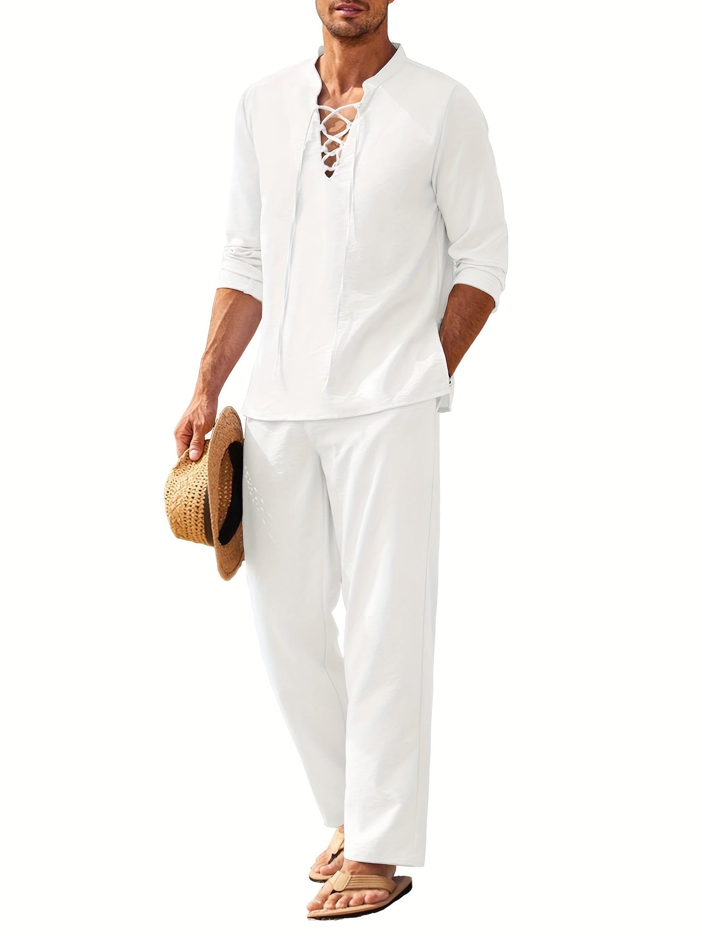 Men's white two-piece beach set with lace-up neckline, relaxed fit, lightweight breathable fabric