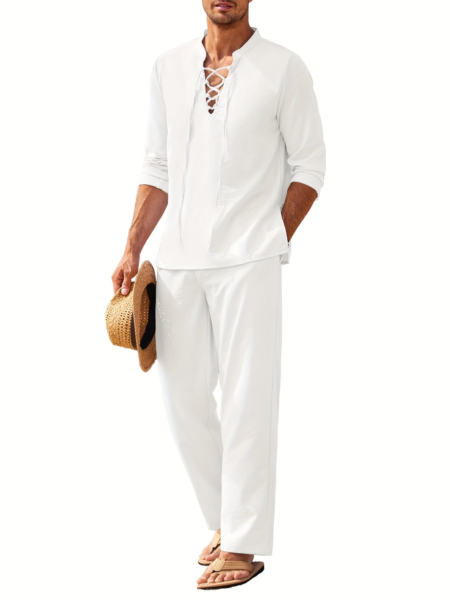Men's white two-piece beach set with lace-up neckline, relaxed fit, lightweight breathable fabric