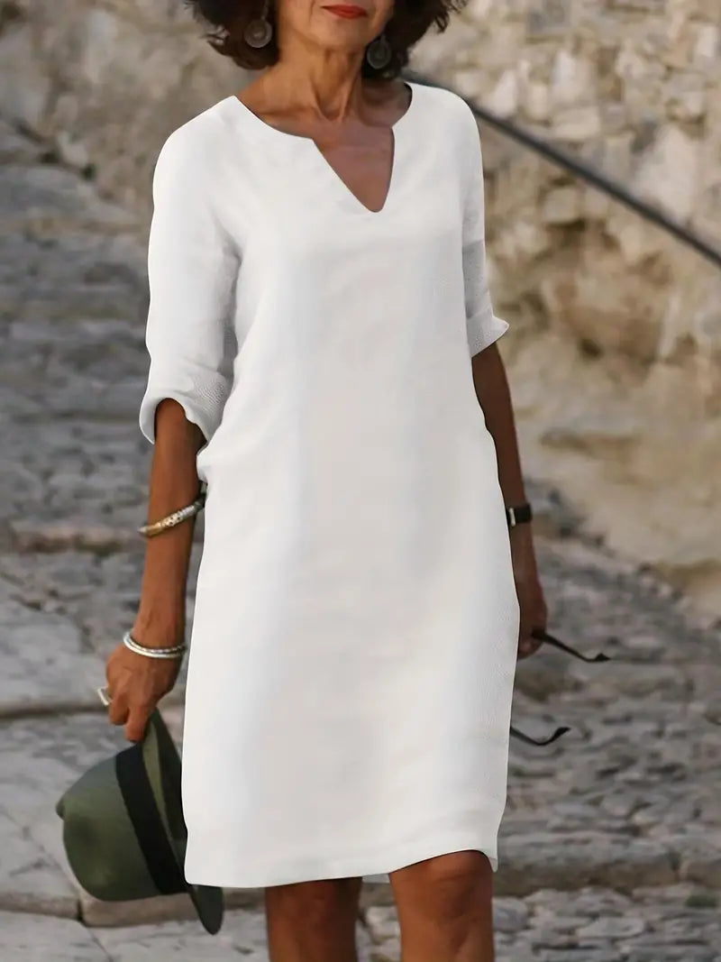 Women's casual relaxed fit three-quarter sleeve dress in soft drape silhouette for all-day comfort