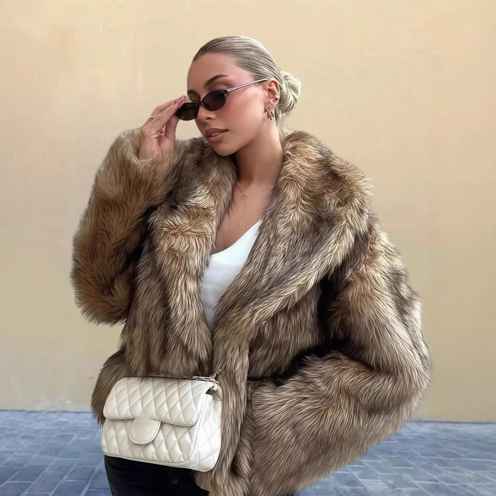 Women's open front winter jacket with faux fur trim, relaxed silhouette, chic cold-weather layering piece
