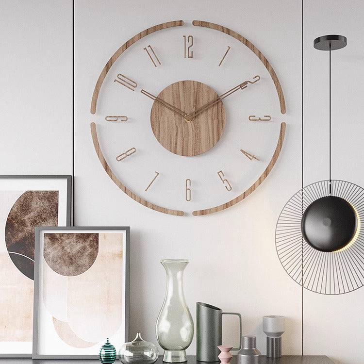 Nordic minimalist wooden wall clock, natural wood grain, silent mechanism, Scandinavian clean-line design