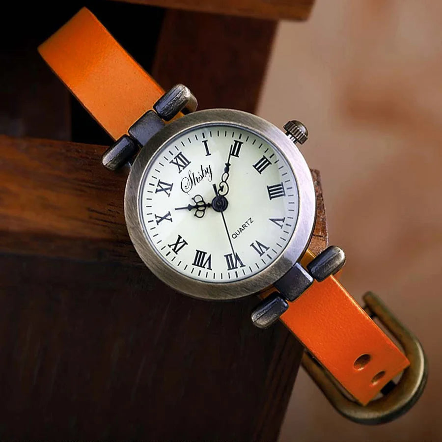 Evelyn vintage quartz watch stainless steel case brown leather strap retro Roman numeral dial