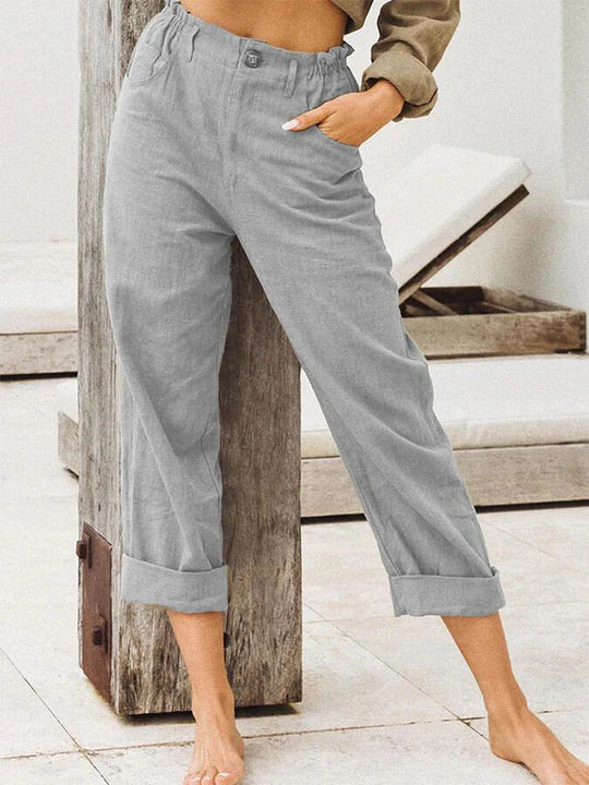 Women's premium linen trousers with rolled hem, breathable relaxed-fit pants for everyday style