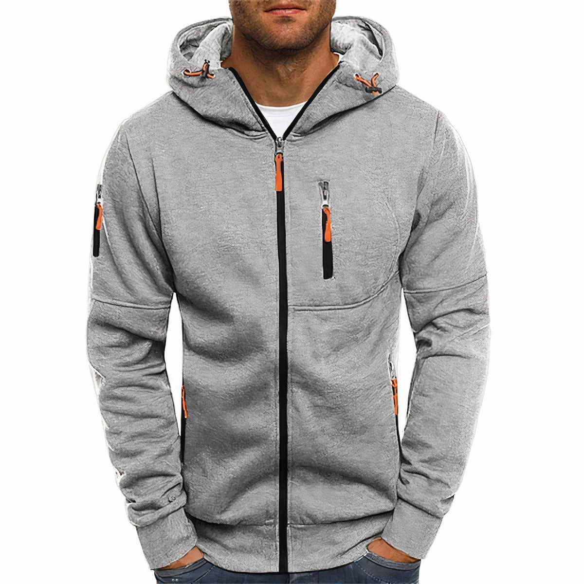 Men's lightweight urban zip-front hoodie in modern cut with contrasting hood cords and practical pockets