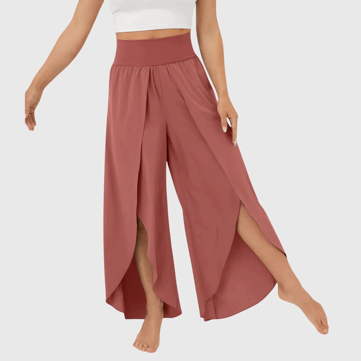 Women's wide leg split hem pants flowy silhouette elongated look comfortable everyday fashion