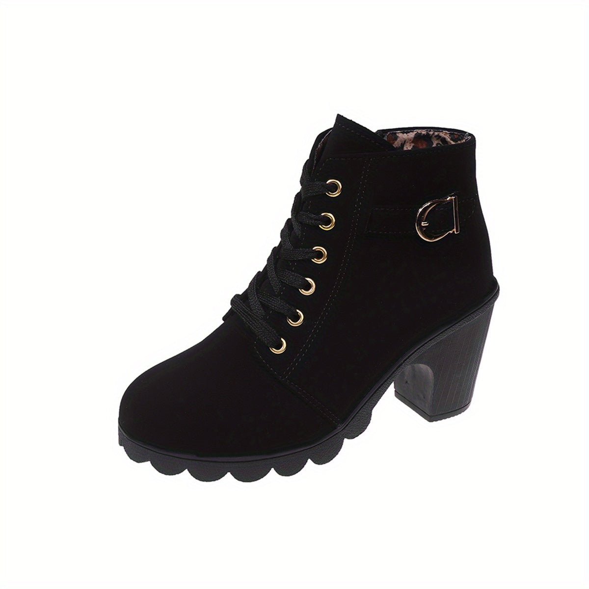 Women's black lace-up ankle boots with chunky heel and side zipper, versatile everyday fashion footwear