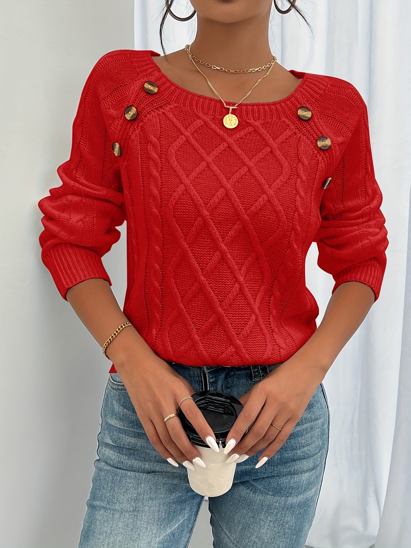 Olive cable knit crew neck women's sweater long sleeve cozy cotton blend pullover top