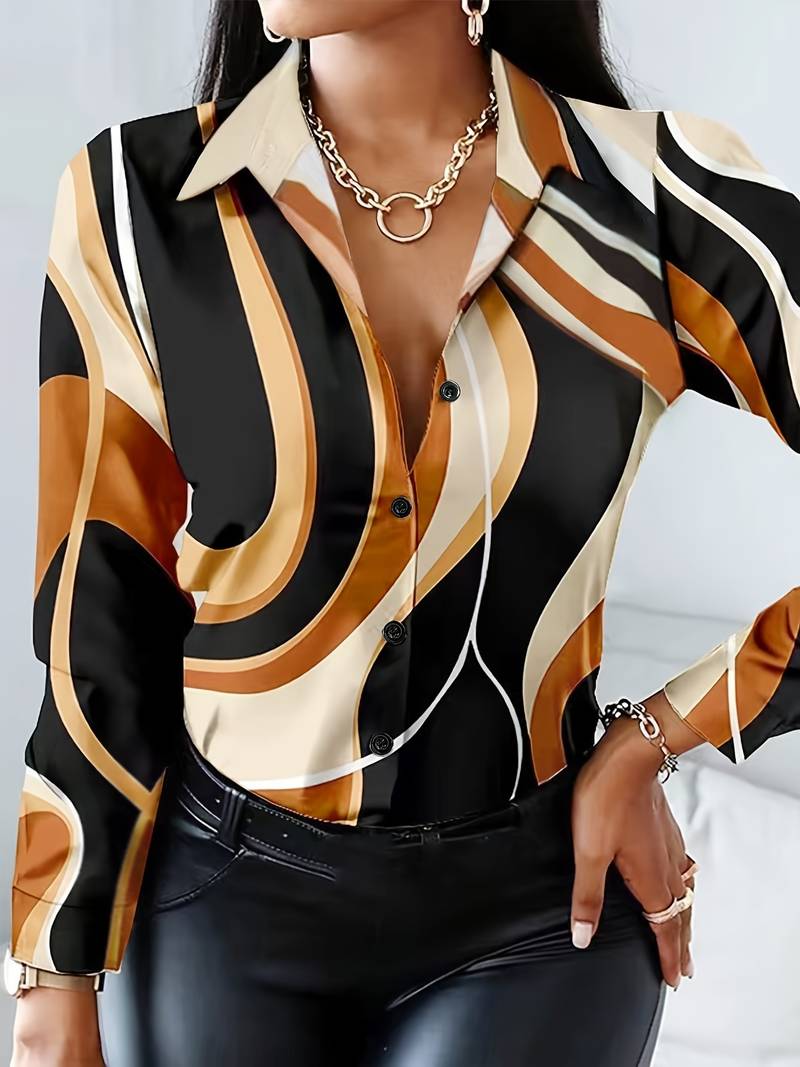 Women's loose fit casual blouse geometric print modern relaxed silhouette all-day comfort chic