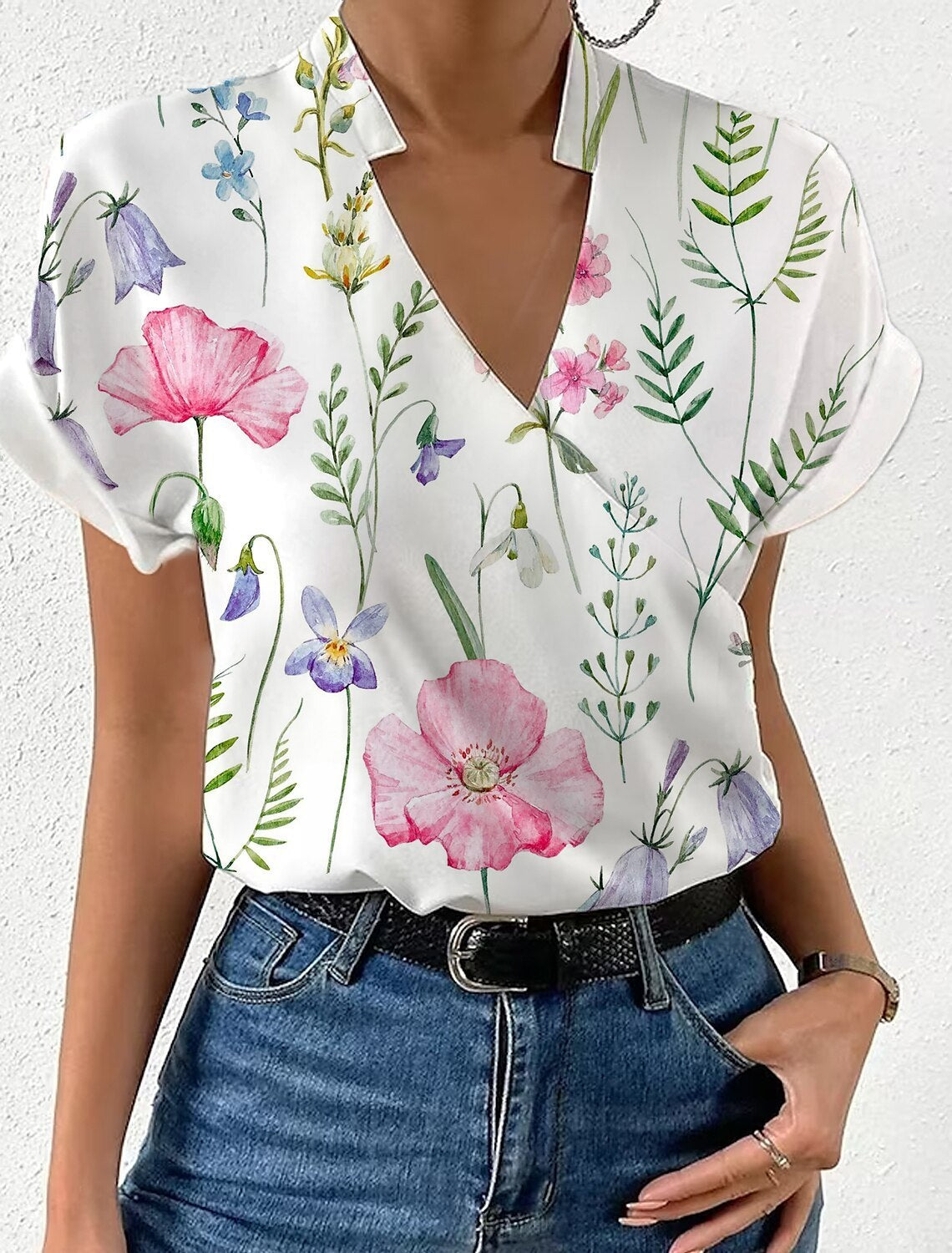 Women's floral blouse V-neck relaxed fit lightweight airy summer top with vibrant floral print