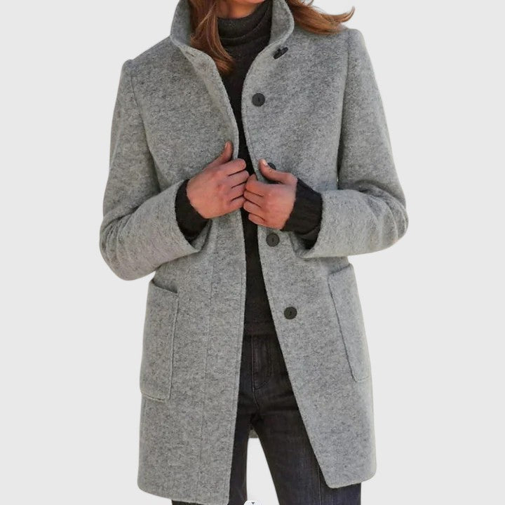 Women's Aya mid-length structured coat in neutral tone, tailored silhouette with frame-elongating cut