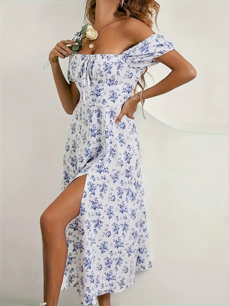 Women's floral A-line dress with puff sleeves, soft botanical print, elegant spring summer style