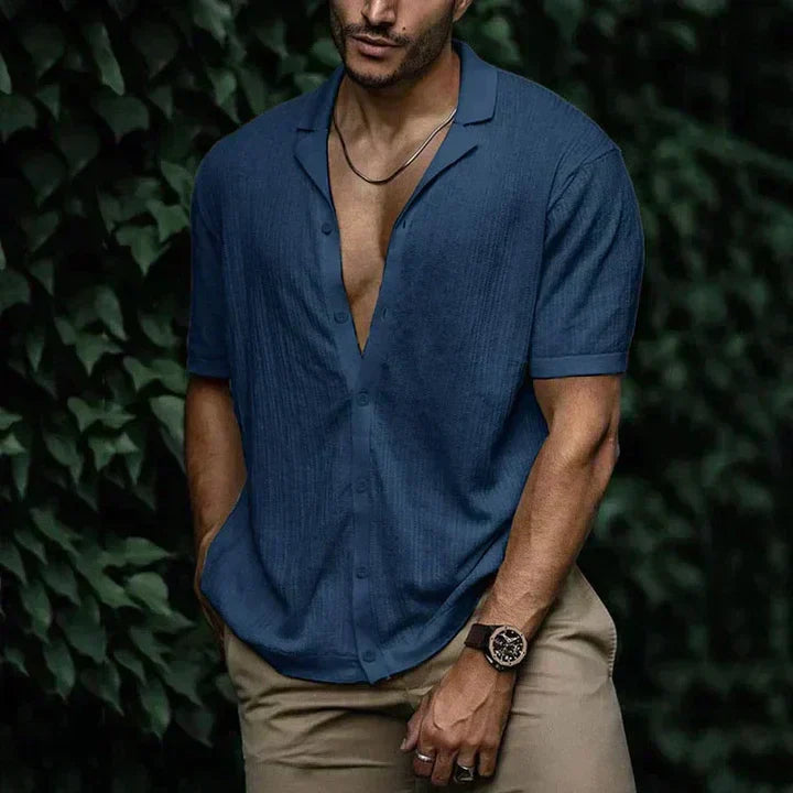 Men's relaxed-fit linen cotton short sleeve shirt, lightweight breathable open-collar summer casual