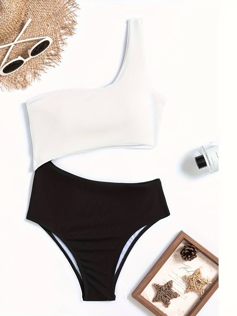 Women's ribbed slim-fit swimsuit asymmetric neckline high leg cut fashion-forward beach style