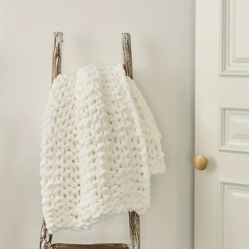 Chunky knit chenille throw blanket in neutral tones, handwoven oversized braid for cozy home lounging